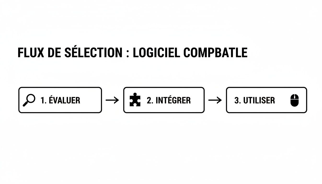Un diagramme de flux illustrant les étapes de sélection d'un logiciel compatible : évaluer, intégrer et utiliser.