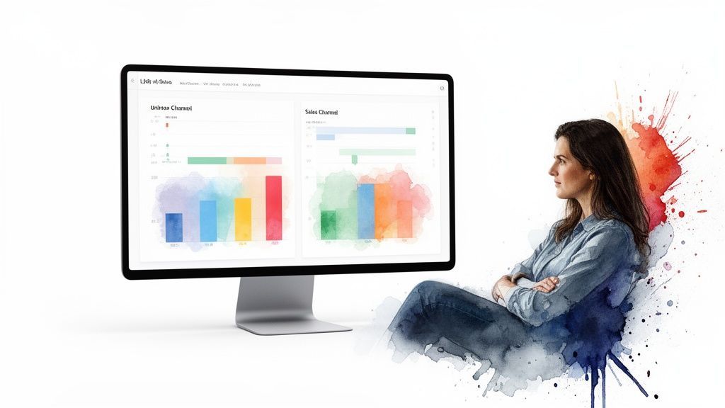 Une femme regarde attentivement un écran d'ordinateur affichant des graphiques de données colorés avec des effets d'aquarelle.