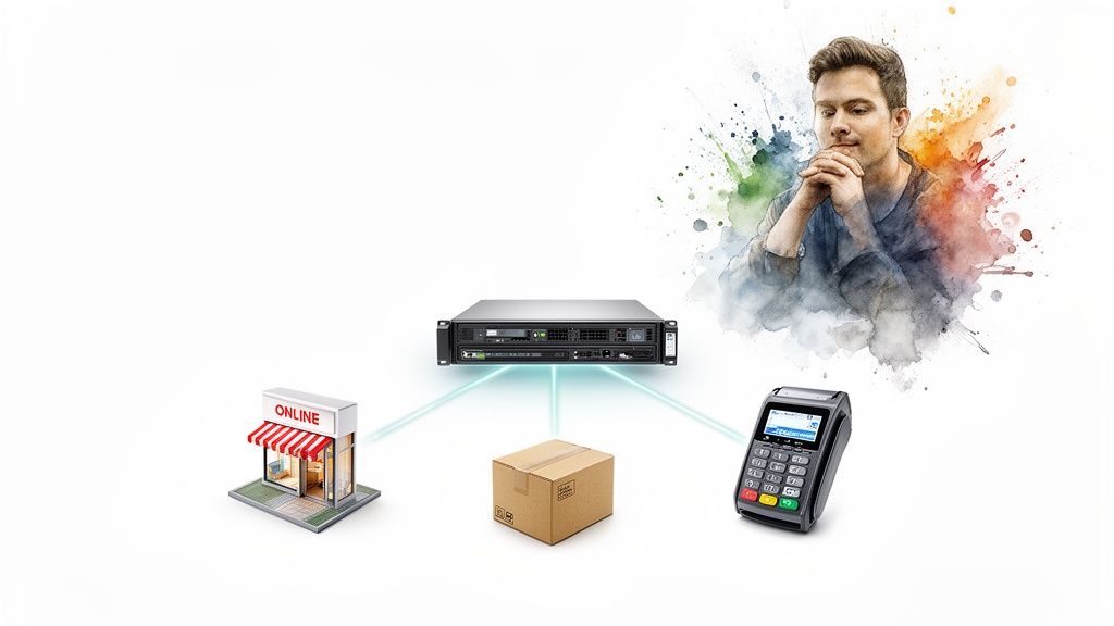 Un serveur gère des transactions entre une boutique en ligne, un colis et un terminal de paiement, avec un homme pensif.