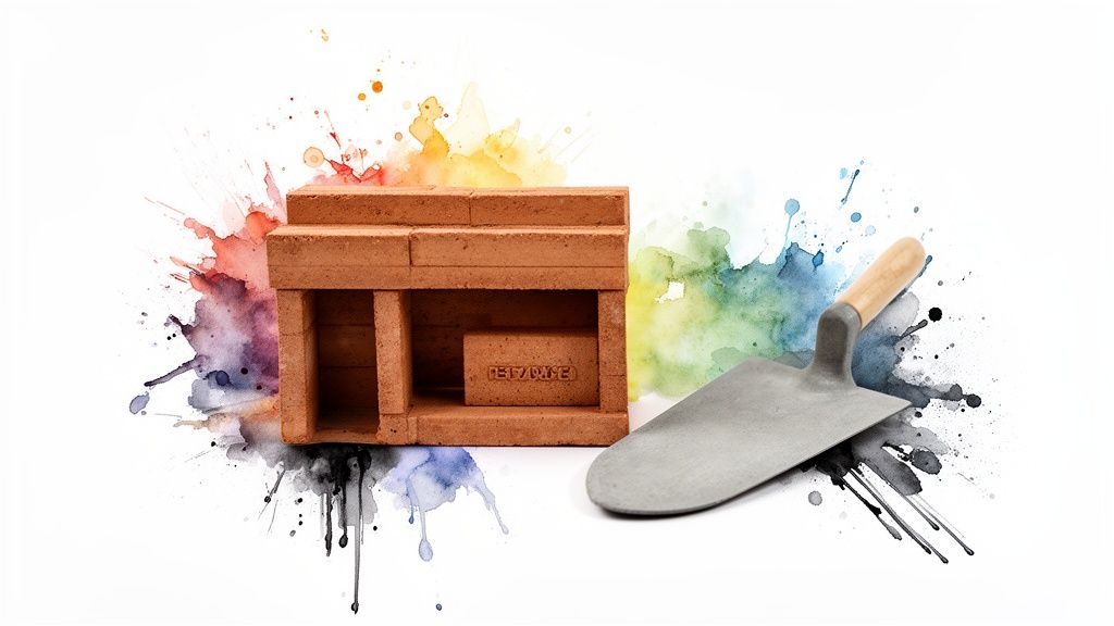 Maçonnerie miniature en briques avec truelle sur fond d'aquarelle colorée.