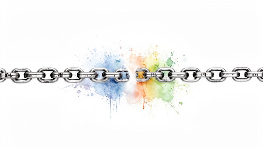Une chaîne métallique cassée avec des éclaboussures d'aquarelle colorées, symbolisant une faiblesse ou un point de rupture créatif.