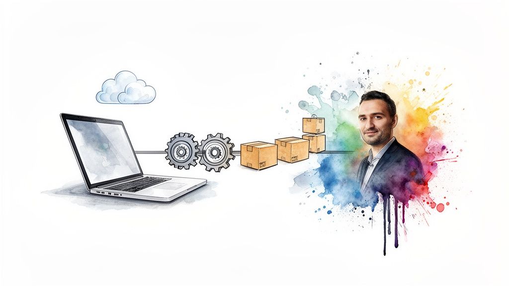Représentation d'un processus numérique avec ordinateur portable, engrenages, boîtes et un homme sur un fond d'aquarelle coloré.