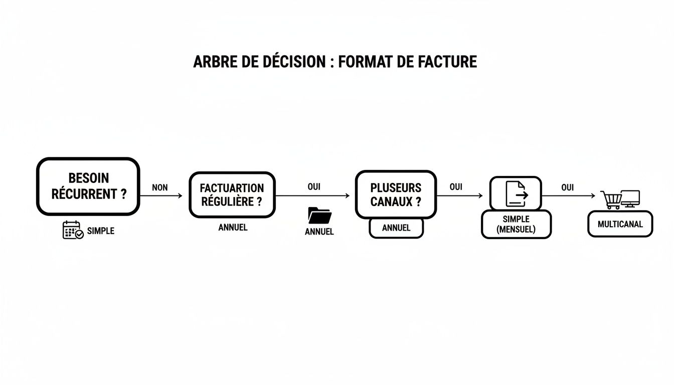 Un arbre de décision sur le format de facture, guidant à travers les questions de récurrence et de canaux pour choisir le bon type de facturation.