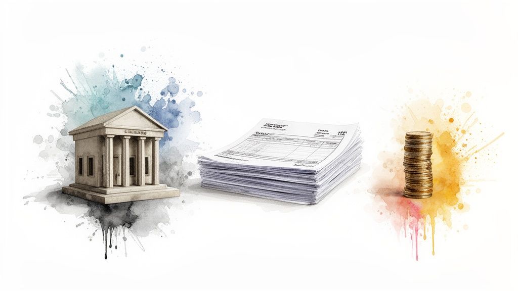 Illustration aquarelle d'une banque, de documents financiers et d'une pile de pièces d'or sur fond blanc.