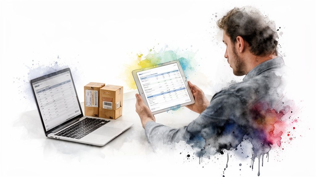Un homme examine des données de gestion sur une tablette et un ordinateur portable près de boîtes en carton, avec un effet aquarelle.