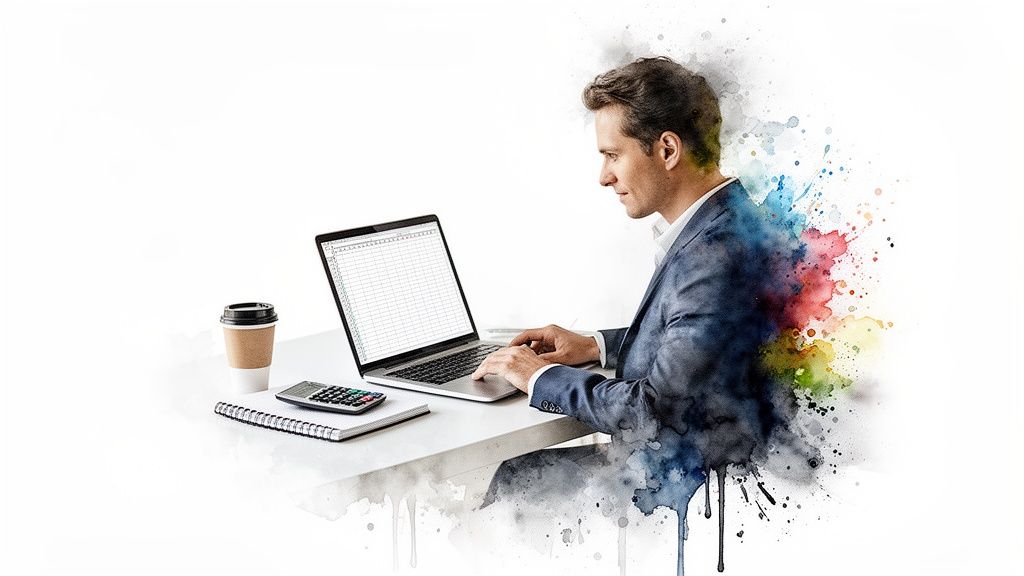 Un homme professionnel travaille sur un ordinateur portable avec un tableur, entouré d'éclaboussures de peinture colorées, représentant la créativité.