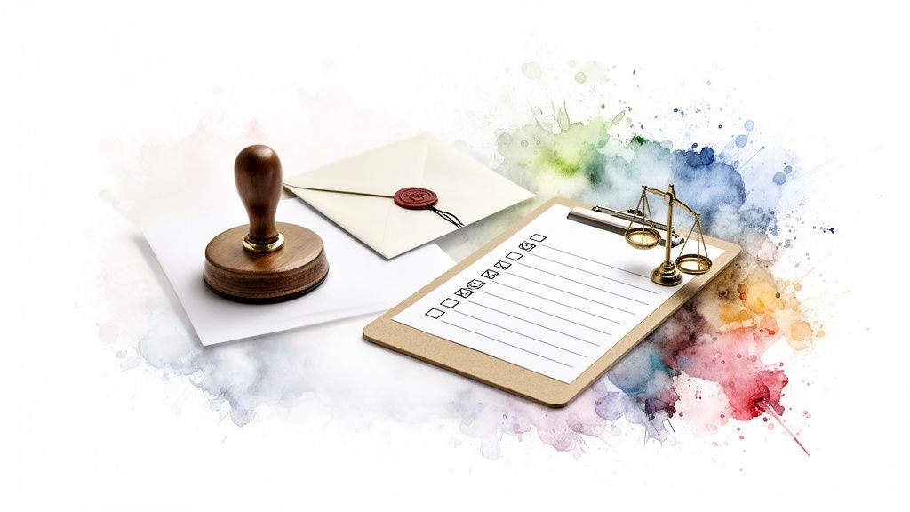 Timbre en bois, enveloppe scellée, presse-papiers avec liste de contrôle et balance de justice sur fond aquarelle.