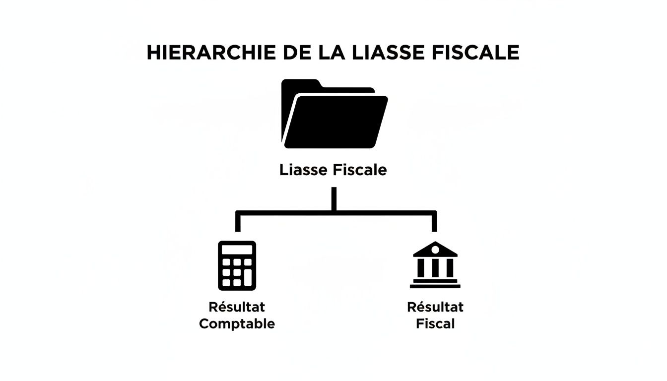 Diagramme hiérarchique illustrant la liasse fiscale, divisée en résultat comptable et résultat fiscal.