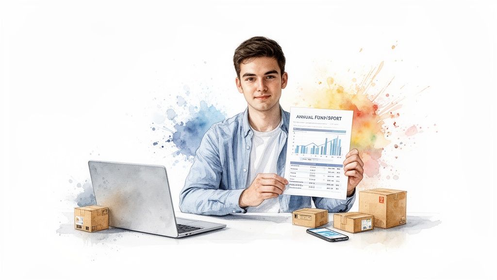 Jeune homme souriant, chemise bleue, tenant un rapport financier devant un ordinateur portable, des colis et des éclaboussures d'aquarelle.