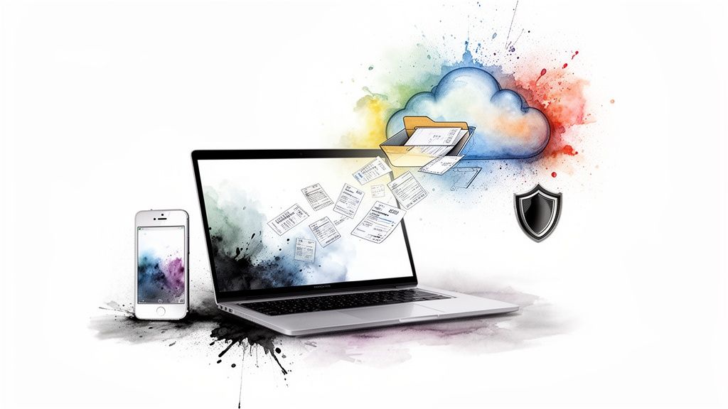 Ordinateur portable et smartphone transférant des documents vers un cloud sécurisé, avec des éclaboussures d'aquarelle.