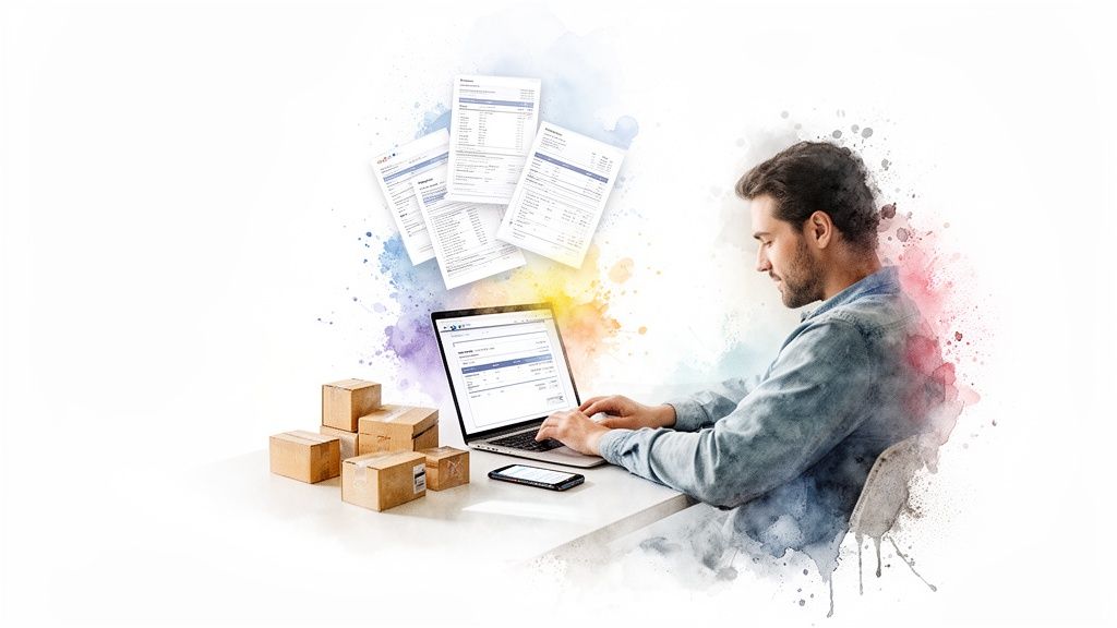 Un homme gère des devis et factures sur un ordinateur portable, entouré de colis et de documents numériques.