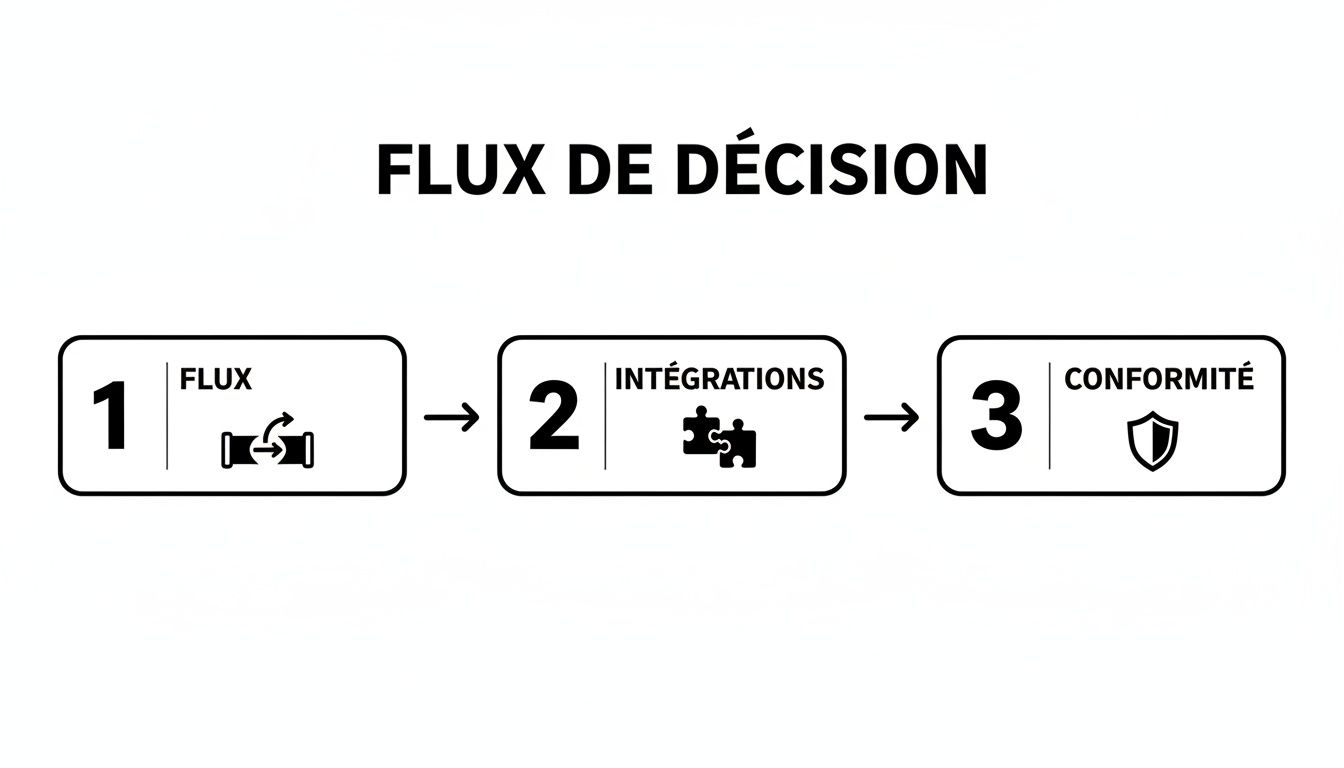 Diagramme de flux de décision en trois étapes: flux, intégrations et conformité, avec leurs icônes respectives.