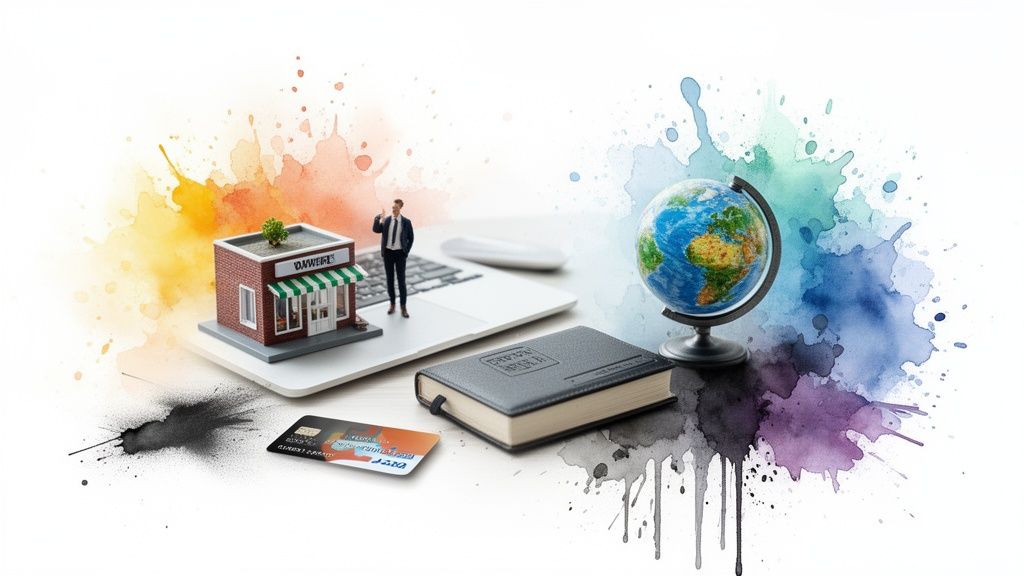 Miniature magasin, homme d'affaires, ordinateur portable, globe terrestre et carte bancaire sur fond d'éclaboussures colorées, symbolisant le commerce mondial et la gestion financière.