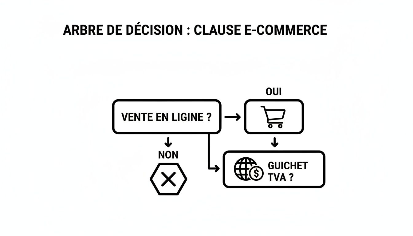 Diagramme de flux sur les clauses e-commerce, illustrant la vente en ligne et le guichet de TVA.