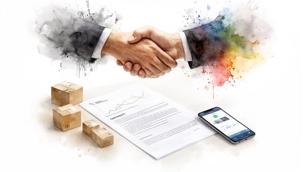 Deux personnes se serrent la main, symbolisant un accord commercial, avec des boîtes, un contrat et un téléphone. Illustration de partenariat et logistique.