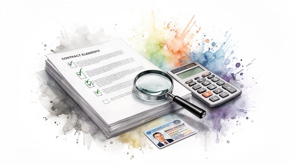 Documents contractuels, loupe, calculatrice et carte d'identité sur fond blanc avec des taches d'aquarelle.