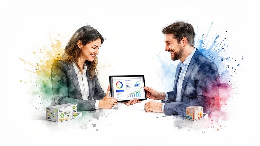 Deux collaborateurs souriants examinent des graphiques et des chiffres sur une tablette, illustrant une analyse d'affaires.