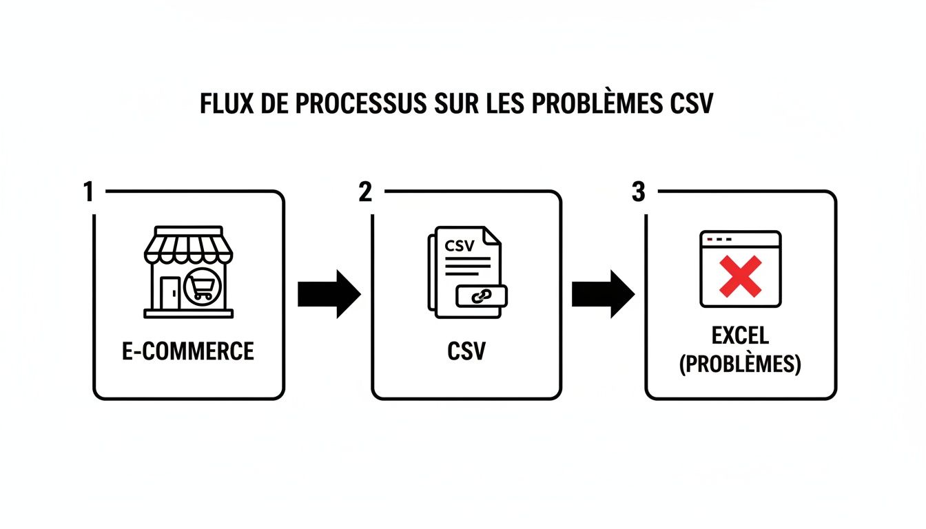 Diagramme de flux illustrant le processus des problèmes liés aux fichiers CSV, de l'e-commerce à Excel.