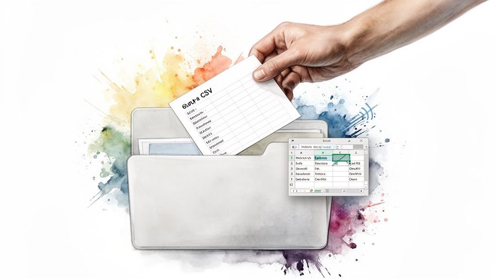 Une main insère un fichier CSV dans un dossier virtuel, avec une fenêtre Excel affichant des données.