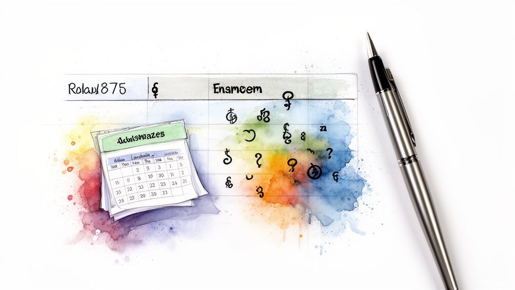 Dessin aquarelle d'un calendrier avec des chiffres, du texte manuscrit et des symboles colorés, accompagné d'un stylo.