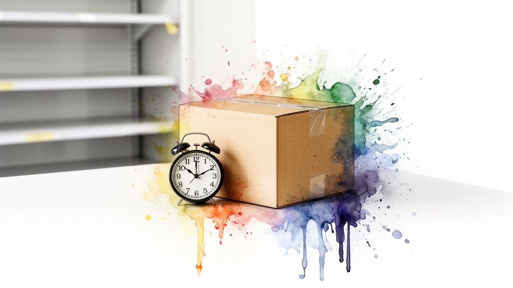 Une boîte en carton et un réveil avec des éclaboussures de peinture colorées sur un fond blanc avec des étagères floues.