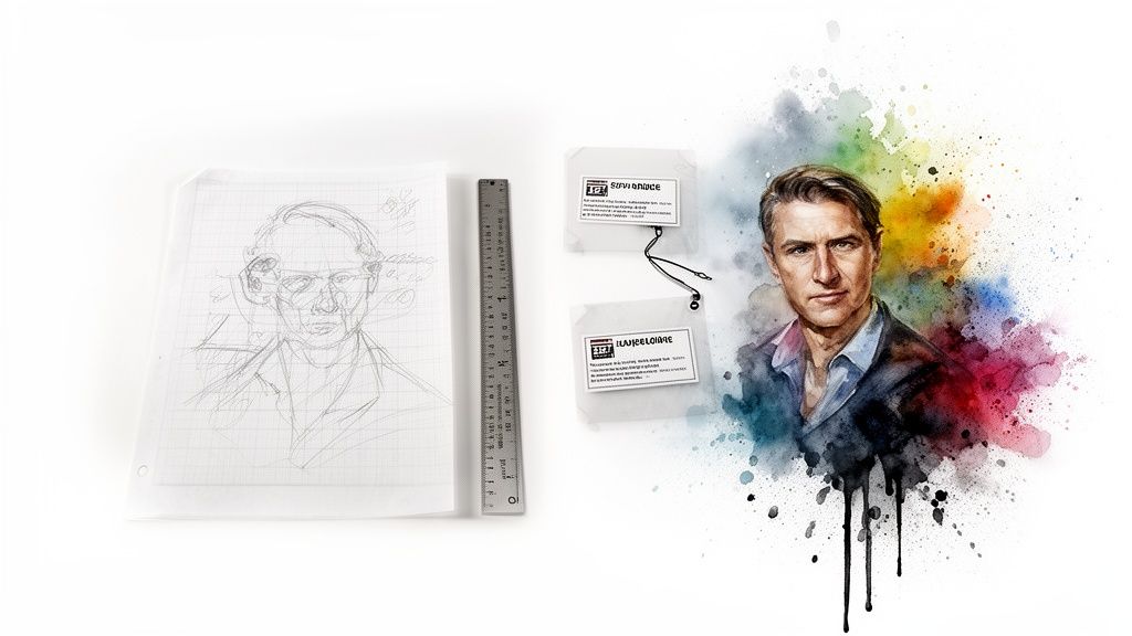 Croquis au crayon et portrait aquarelle d'un homme avec des éclaboussures de couleur, à côté d'une règle et des étiquettes.