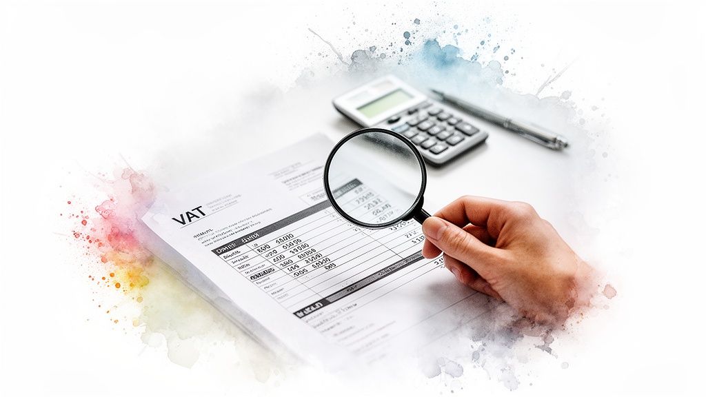 Main tenant une loupe examinant un document TVA avec des chiffres, une calculatrice et un stylo sur un bureau, symbolisant une vérification financière.