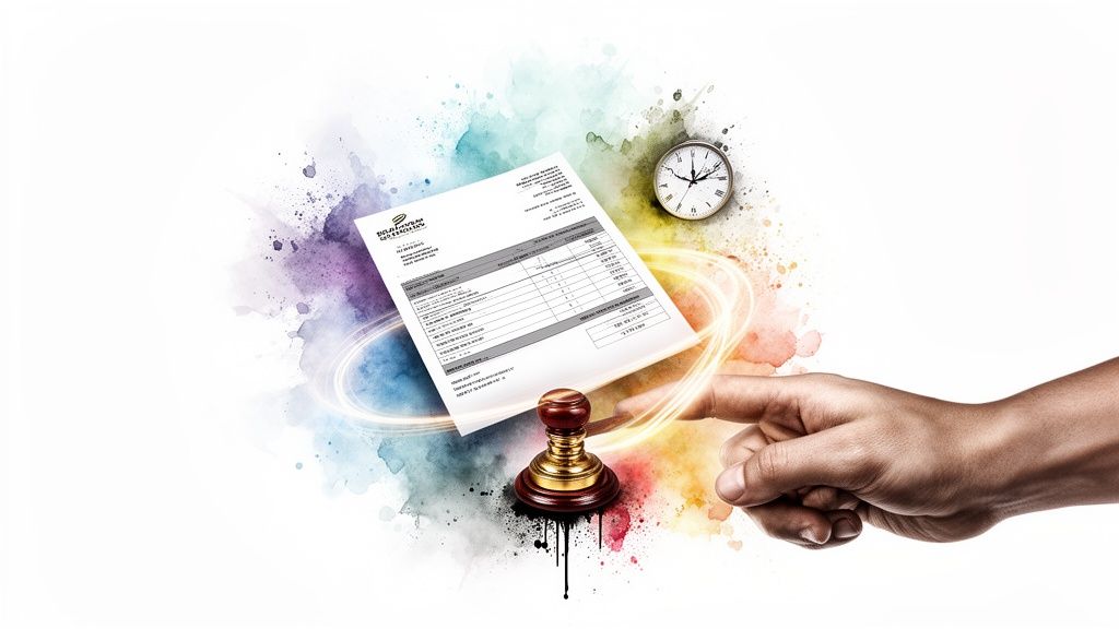 Document officiel avec sceau, horloge et main pointant, sur fond d'éclaboussures colorées, symbolisant la certification rapide.