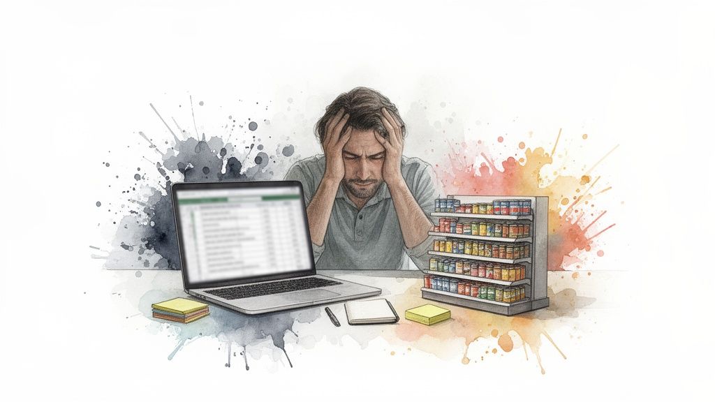 Homme stressé devant un ordinateur portable affichant un tableur et une étagère de produits variés, style aquarelle.