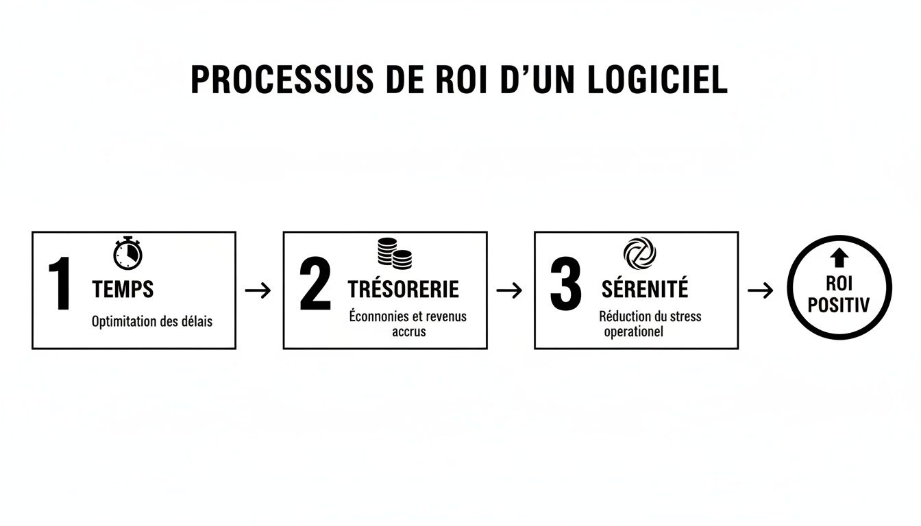 Diagramme montrant le processus de retour sur investissement d'un logiciel en trois étapes : temps, trésorerie et sérénité, menant à un ROI positif.