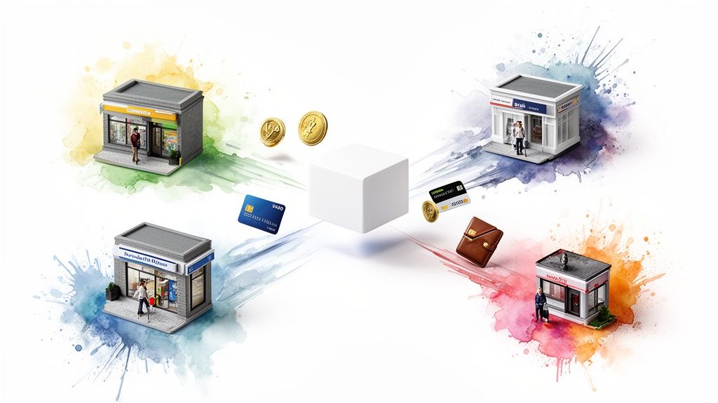 Quatre boutiques et divers moyens de paiement connectés à un cube central symbolisant un écosystème commercial.