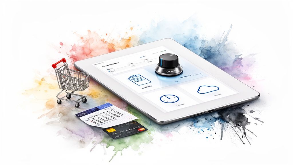 Tablette affichant un tableau de bord, un caddie, une carte de crédit et une facture pour l'e-commerce.