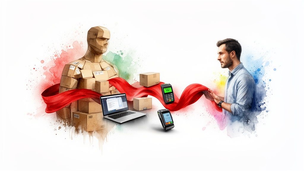 Figure en cartons et homme interagissant avec un ruban rouge symbolisant la logistique, le commerce électronique et les paiements.