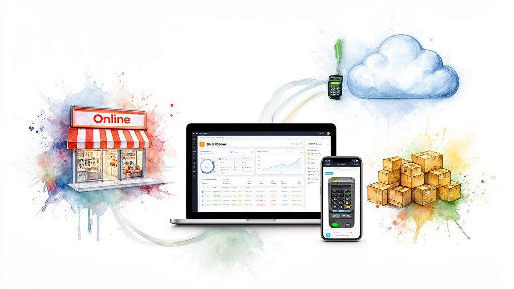 Illustration aquarelle d'un écosystème de commerce en ligne avec magasin, ordinateur, smartphone, cloud et colis.