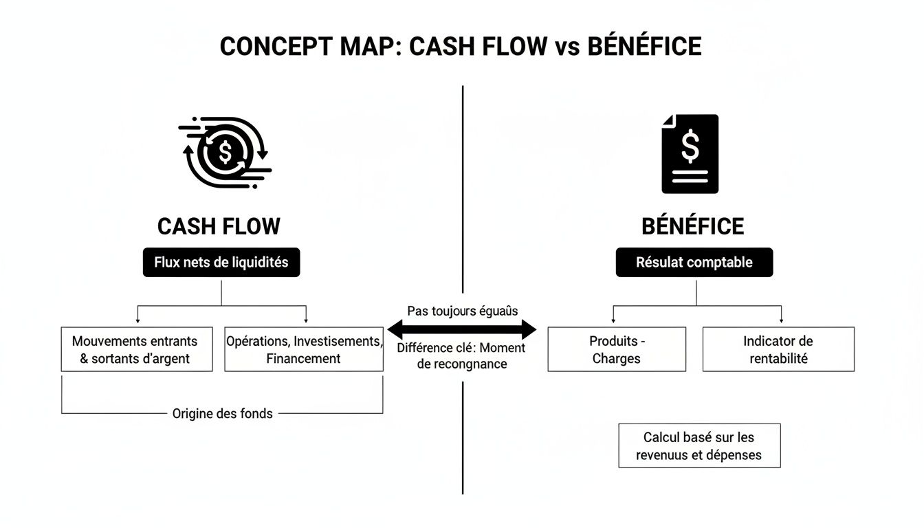 Carte conceptuelle comparant le flux de trésorerie (Cash Flow) et le bénéfice, détaillant leurs composantes et différences clés.