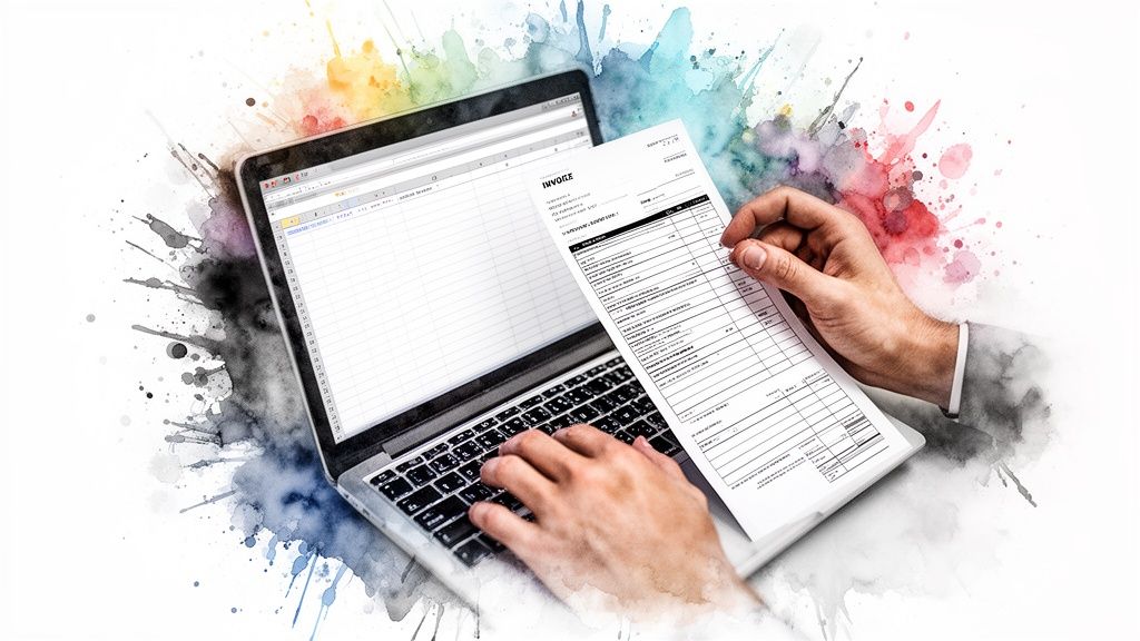 Mains tapant sur un ordinateur portable avec une feuille de calcul, tenant une facture, sur fond aquarelle coloré.