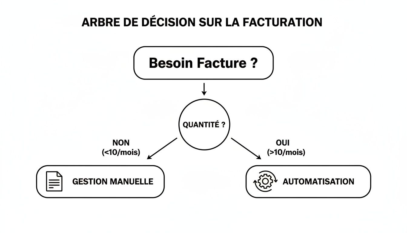Arbre de décision sur la facturation, guidant l'utilisateur selon le besoin et la quantité de factures mensuelles.
