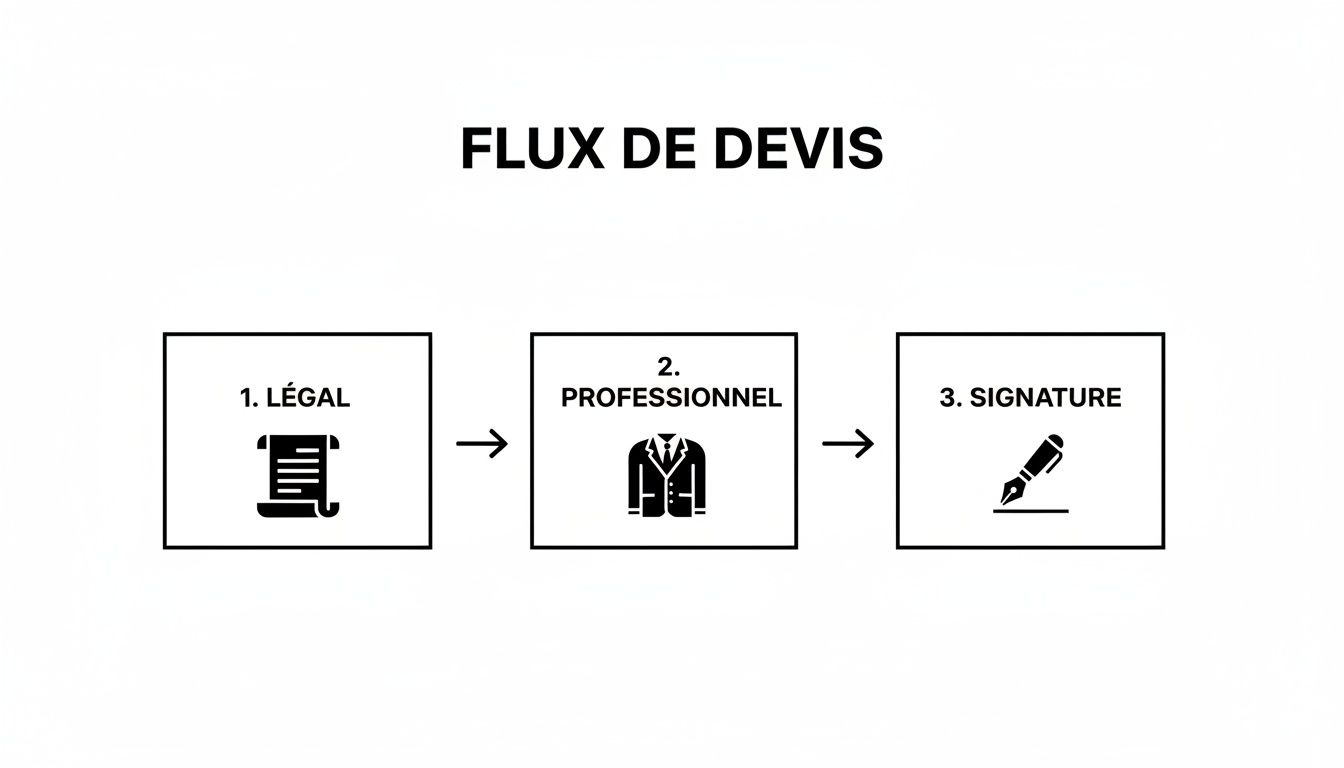 Diagramme illustrant le flux de création d'un devis en trois étapes : légale, professionnelle et signature.