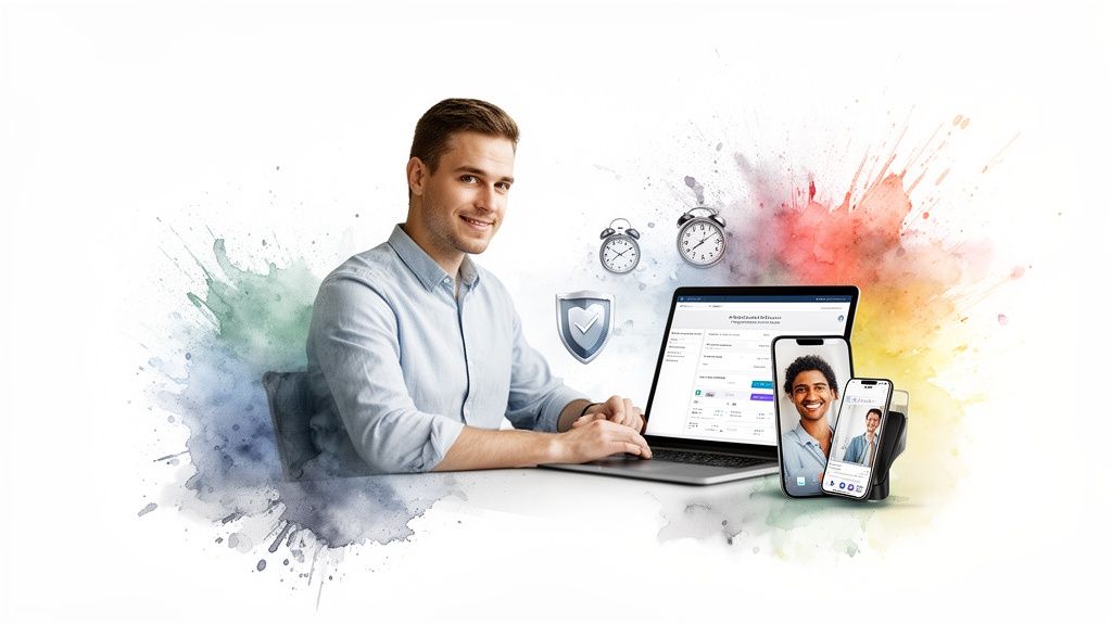 Jeune homme souriant utilisant un ordinateur portable, entouré d'icônes de sécurité, de temps et d'écrans de smartphone pour des services en ligne.