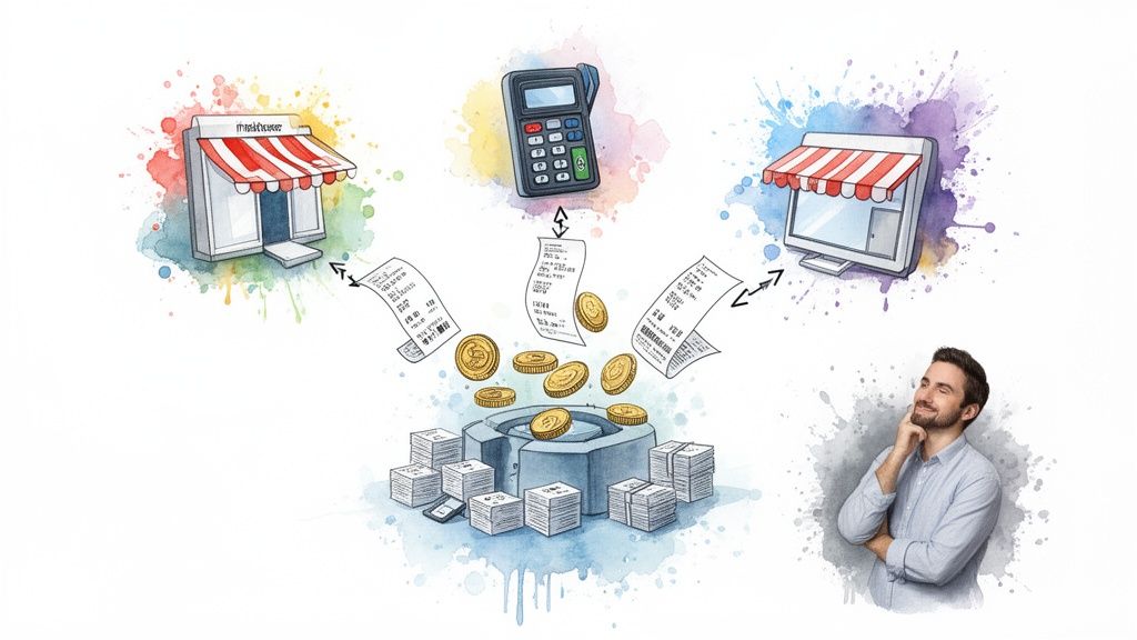 Illustration de la gestion financière : magasin, paiement, reçus, données traitées, homme réfléchi.