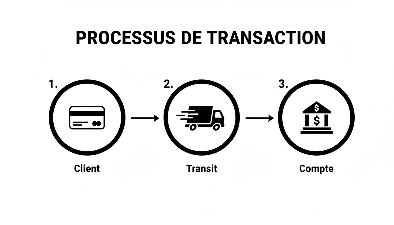 Diagramme illustrant le processus de transaction bancaire en trois étapes : client (carte), transit (camion), et compte (banque).