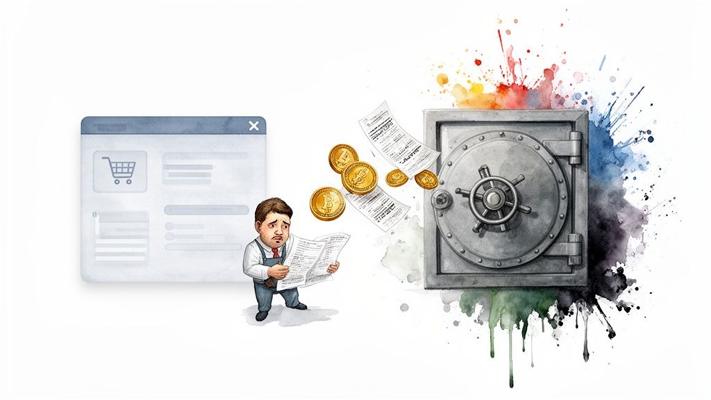 Un homme inquiet examine des documents près d'un ordinateur, d'une chambre forte, de Bitcoins et de reçus.