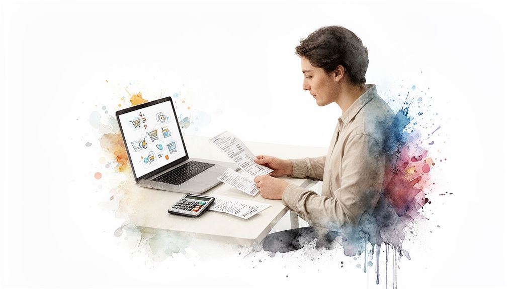 Une personne examine des factures avec un ordinateur portable affichant des icônes d'achats et une calculatrice.