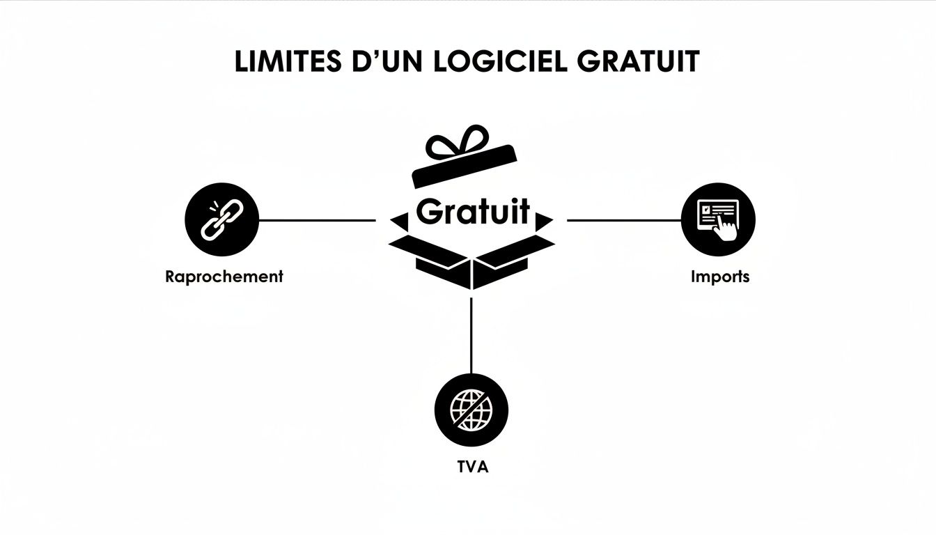 Illustration des limites d'un logiciel gratuit, montrant le rapprochement, les imports et la gestion de la TVA.