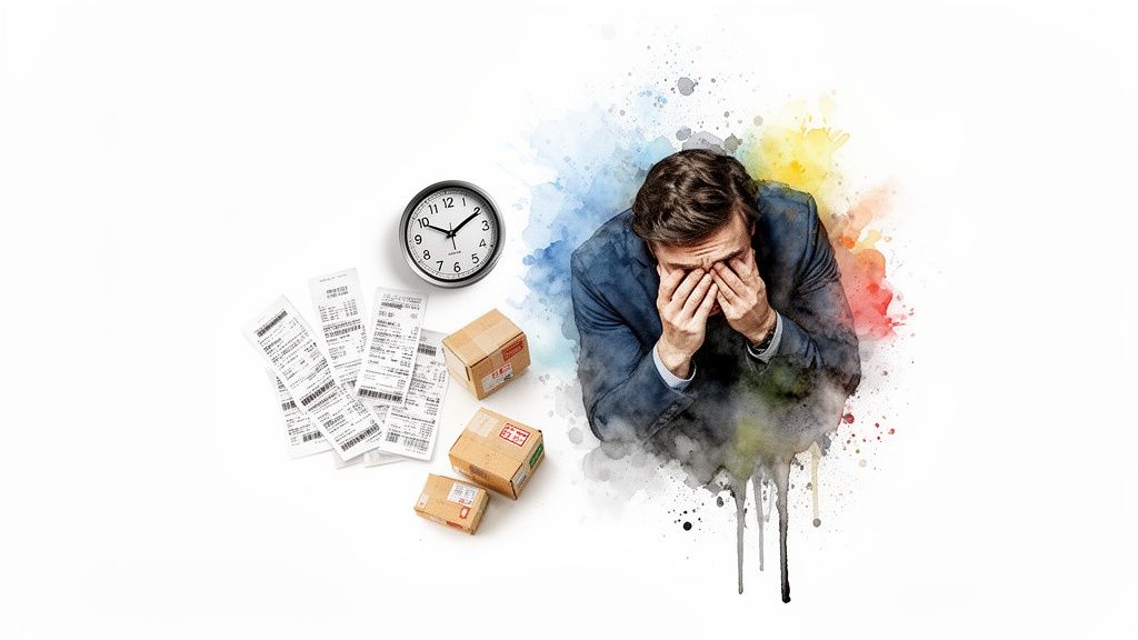 Homme d'affaires stressé, visage dans les mains, entouré de reçus, colis et horloge.