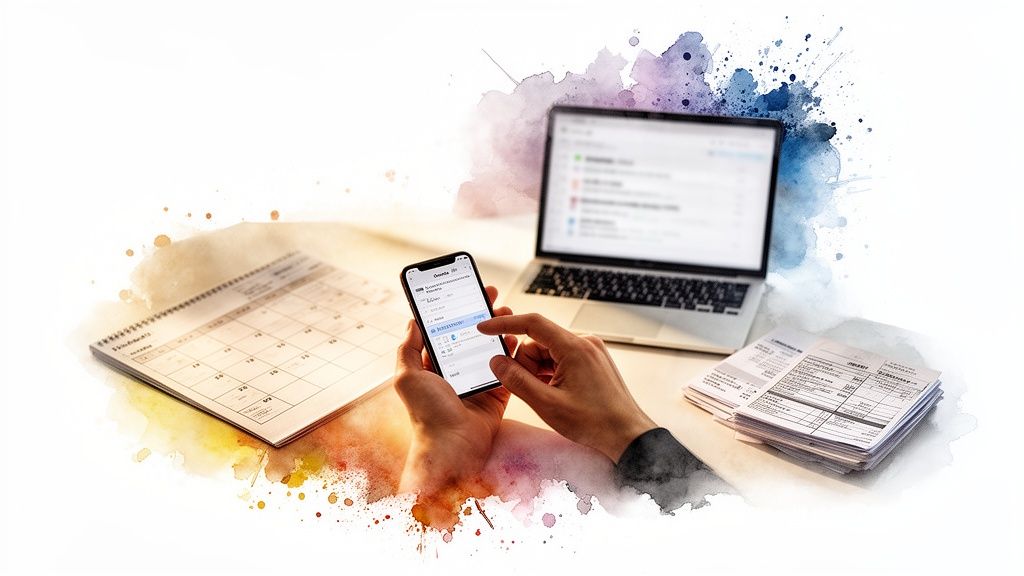 Mains utilisant un smartphone près d'un ordinateur portable, calendrier et documents, dans un style aquarelle.