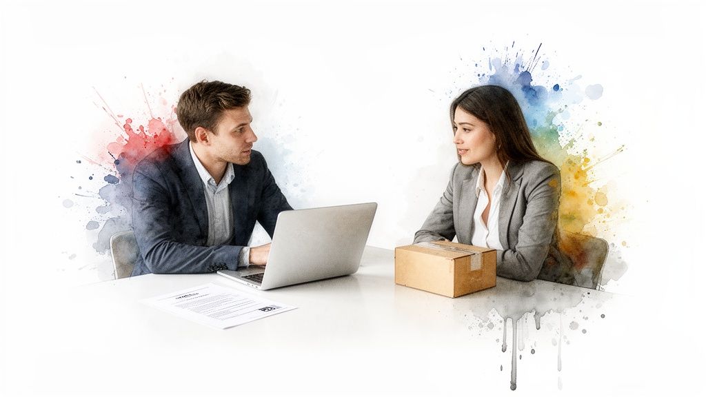 Deux professionnels discutent à un bureau, l'homme sur ordinateur portable et la femme avec un colis, sur fond d'aquarelle.