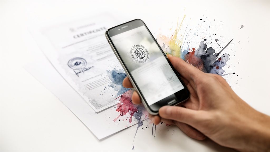 Main tenant un smartphone affichant un certificat numérique, avec un document papier et des éclaboussures d'aquarelle.