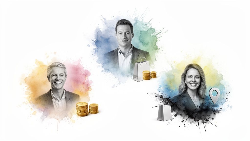 Trois portraits d'individus souriants (deux hommes, une femme) sur fond d'aquarelle colorée avec des symboles de commerce, argent et localisation.