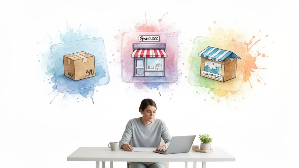 Une femme concentrée travaille sur un ordinateur portable, entourée d'icônes représentant des colis, un magasin et une marketplace.